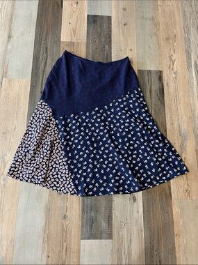 Talbots Navy Mixed-Print A-Line Midi Skirt Pink Accents Sz 10P Boho Chic
